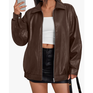 Trendy Queen Womens Leather Jacket, Oversized Going Out & Everyday Statement Piece, Bomber Jacktes Moto Coat Size L