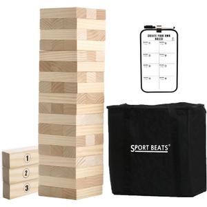 Outdoor Games Large Tower Stacking Game, 54 Wooden Blocks, Stack Up to 4 Ft Tall, Includes Carry Bag and Scoreboard, Backyard and Beach Lawn Yard Fun for Adults and Family (Natural)