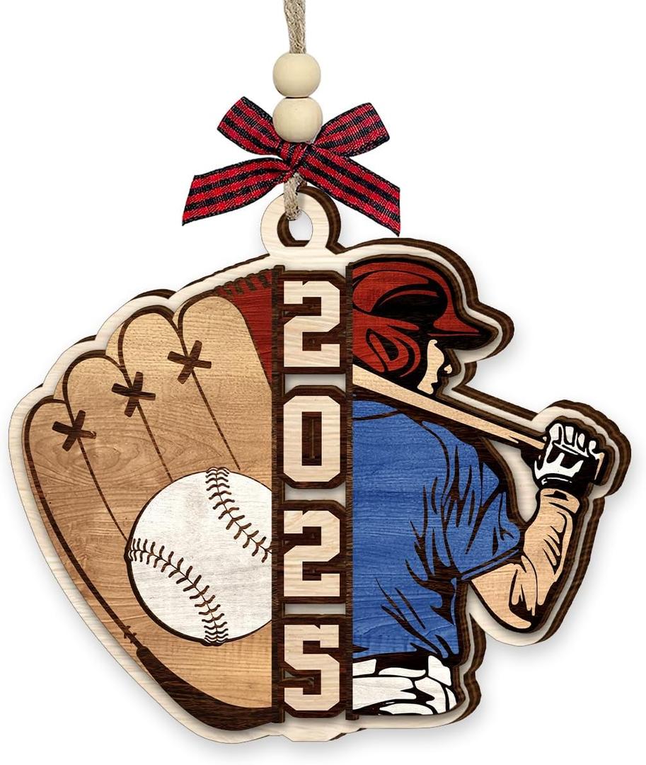 2 x Baseball Christmas Ornament 2025 - Xmas Gifts for Baseball Players, Lovers, Team, Coach, Sports Fan Gifts for Boys, Kids, Men, Son, Brothers - Wooden Ornaments Tree Decorations