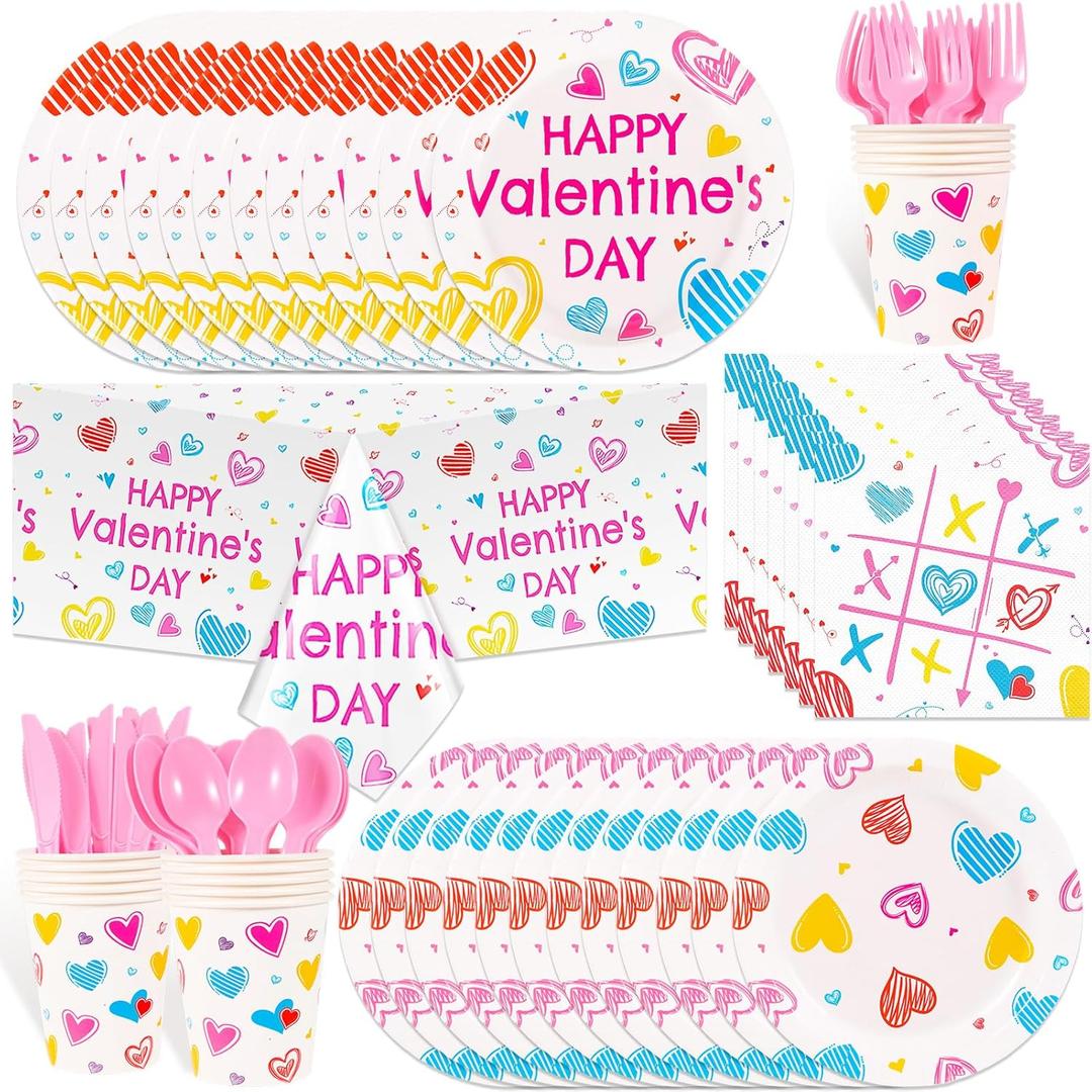 HOWAF 97pcs Valentines Party Tableware Sets with Plates Napkin Tablecloth Knifes Forks Spoons for Galentines Day Party Supplies, Sweet Conversation Heart Love Candy Valentine's Dinnerware Set
