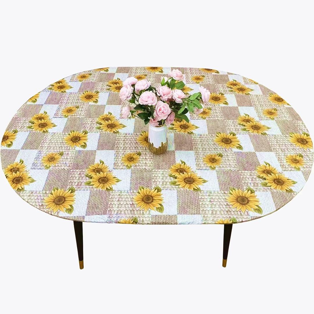 Pioggia Oval Vinyl Fitted Tablecloth with Flannel Backing Elastic Table Cloth Waterproof Oil-Proof Plastic Table Cover (Sunflower, Best for Up to 42" x 60")