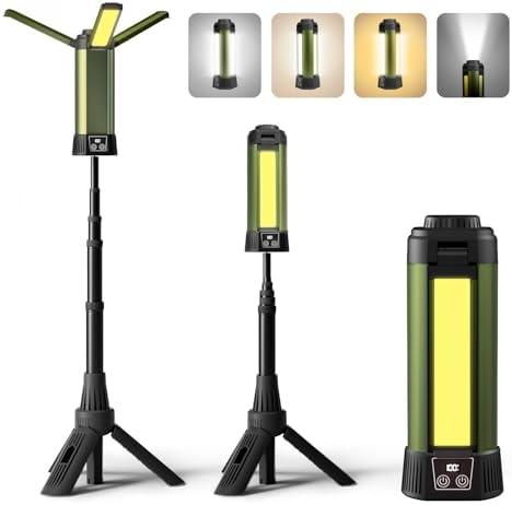 Mlogiroa Rechargeable Camping Light with Stand: Cordless Work Light Kit 3 Page Head 500/1000/2000 Lumen 3500/6500K - Dimmable 6AH Camp Lights with Detachable Tripod,Hooks and Carrying Bag(Green-S)