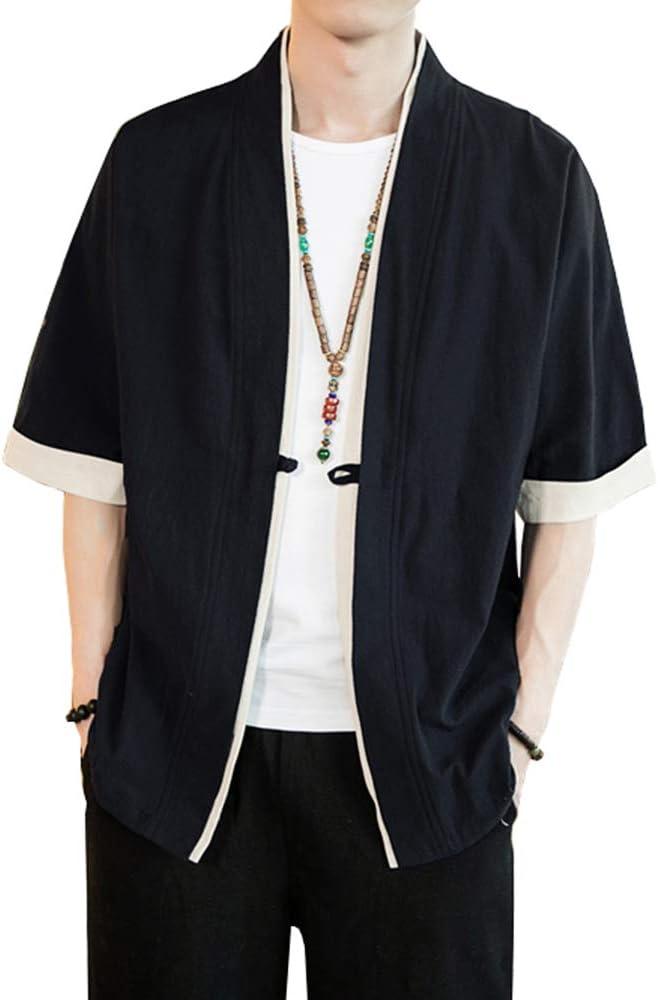 HAORUN Men Japanese Short-Sleeved Kimono Cardigan Yukata Coat Loose Cardigan Jacket Top (Large, Black)