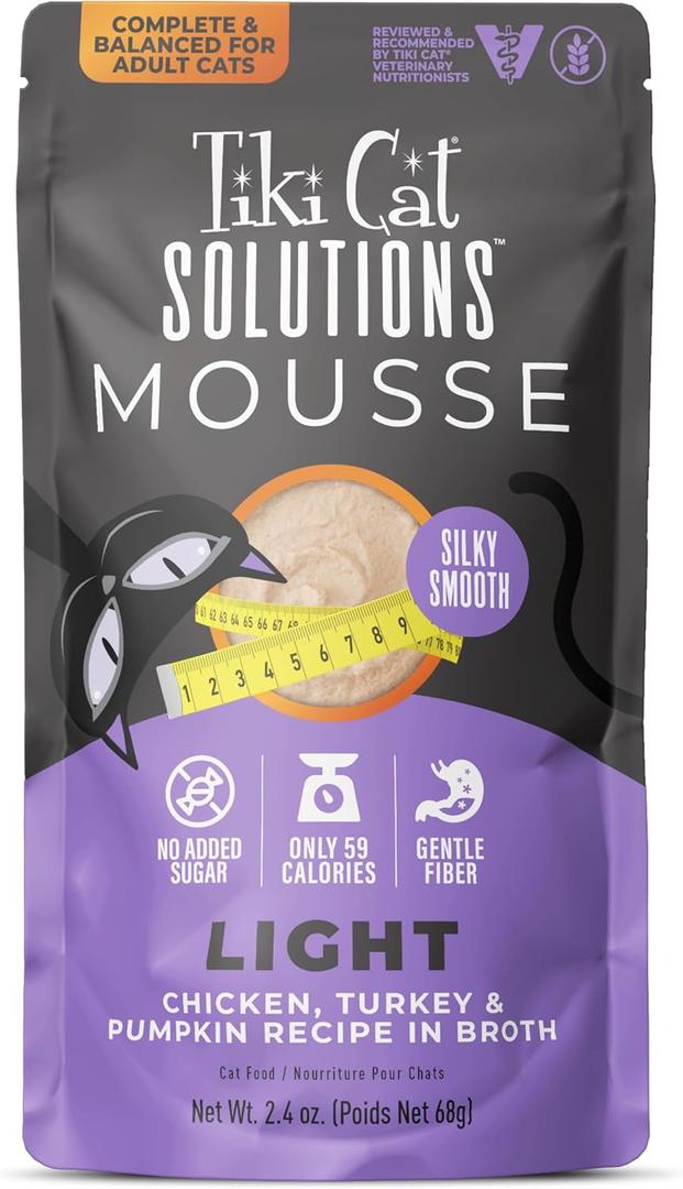 Tiki Cat Solutions Light Mousse, Chicken, Turkey & Pumpkin, Formulated to Support Healthy Trim and Fit, Functional Wet Cat for Adult Cats, 2.4 oz. Pouch (12 Count) (EXP 06/02/27)
