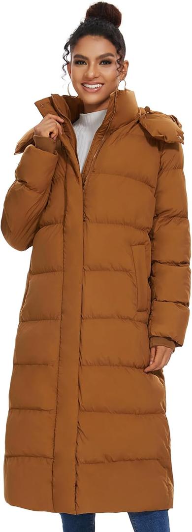 ROYAL MATRIX Women's Long Quilted Puffer Coat, Winter Warm Maxi Puffer Jacket with Detachable Hood (Large, Brown)