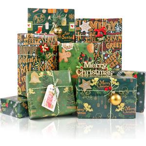 3 x Christmas Wrapping Paper, 6 Sheets Assorted Green Gift Wrapping Paper with Gold Snowflakes, Christmas Tree, Angel Pattern, Xmas Wrapping Paper Set with Ribbon, Sticker and Tag for Christmas Party