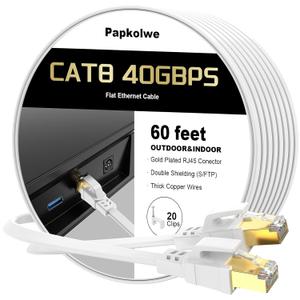 Cat 8 Ethernet Cable 60 ft, Heavy Duty High Speed Cat8 LAN Network Cable, 40Gbps 2000MHz RJ45 Flat Internet Computer Patch Cord, Weatherproof S/FTP UV Resistant for Gaming/Router/Modem,Outdoor&Indoor