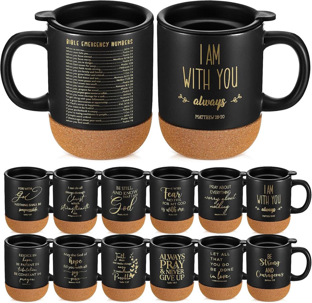 12 Set Christian Mugs Gifts Bulk Ceramic Coffee Cups with Bible Verses Appreciation Gifts for Men Women Employee Coworker Church Office, 15 oz (Black)