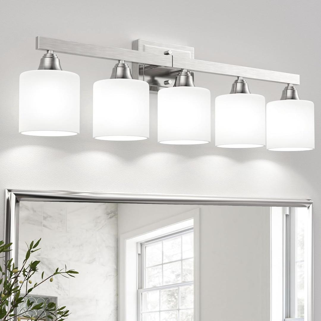 VOLISUN Brushed Nickel Bathroom Light Fixtures, 5-Light Bathroom Vanity Lights Over Mirror, Modern Vanity Light for Bathrooms, Bathrooms Lights Fixtures Over Mirror with Milky White Glass Shades