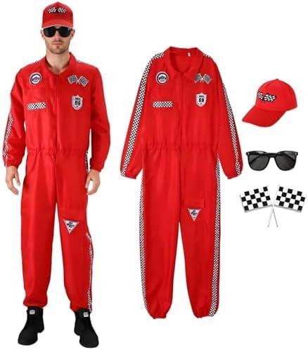 XYHKOBB 5PCS Racing Car Driver Costume for Adults Men, Red Racer Jumpsuit Halloween Cosplay Outfit with Hat Sunglasses Flags, Large 