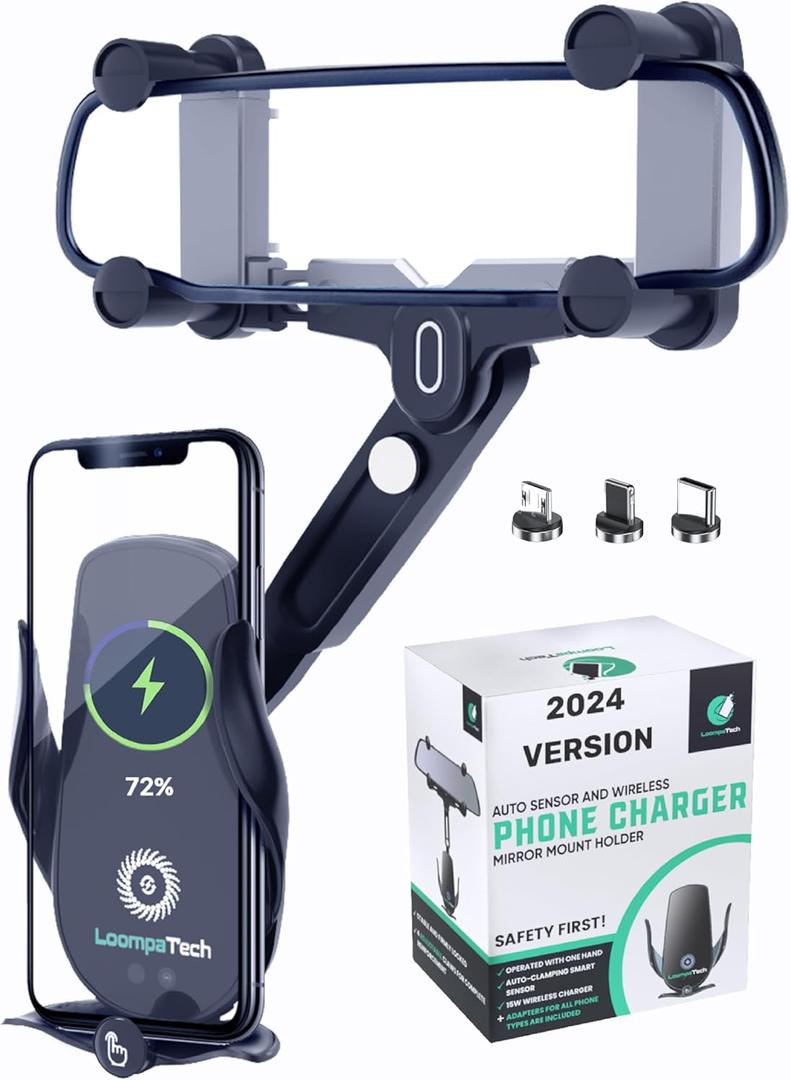 LoompaTech 2in1 Rear View Mirror Phone Holder + Wireless Car Charger 360 Rearview Mirror Phone Mount w/Automatic Clamping and Release, Rotatable & Retractable 15W Fast Wireless Charger for Car