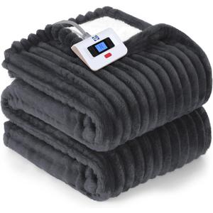 Sealy Electric Blanket Full Size, Soft Ribbed Flannel to Sherpa Reversible Heated Blanket with 10 Heat Settings & 1-12 Hours Auto-Off Overheat Protection, Machine Washable, 72"x84" Charcoal
