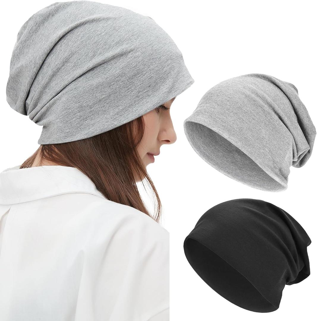 Summer T-Shirt Cotton Slouchy Beanie for Women Men Fashion Style Soft Hipster Daily Hat Lightweight Skull Sleep Cap (Gray)