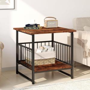 EazeHome End Table 24" for Living Room, Large Square Side Table with 2-Tier Storage, Rustic Brown Tall Industrial Night Stand for Bedroom, Rustic Brown