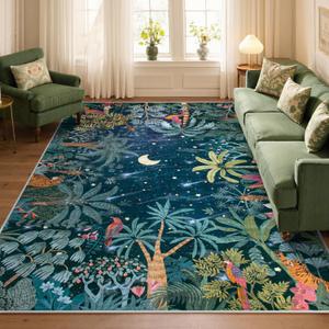 Lahome Jovence Midnight Jungle Green Rug, Washable 8x10 Rugs for Bedroom Living Room, Soft Forest Kids Rugs for Playroom, Non Slip Stain Resistant Floor Carpet for Office Dining Room