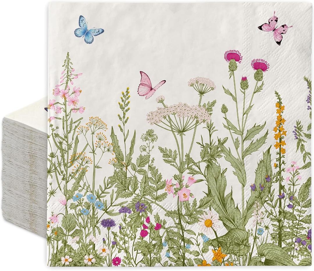 50Pcs Spring Wild Floral Paper Napkins Green Wildflower Butterfly Disposable Luncheon Napkins Vintage Decorative Dinner Napkin for Bathroom Wedding Birthday Party Baby Shower