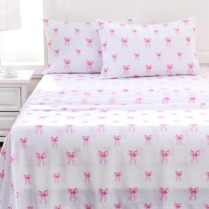 MICORAL Kids Full Sheet Set Pink Bow, 4 Pieces Sheets for Boys & Girls, Soft Printed Microfiber Bed Sheets, Deep Pocket Cozy Toddler Bedding Set, Pink Bow