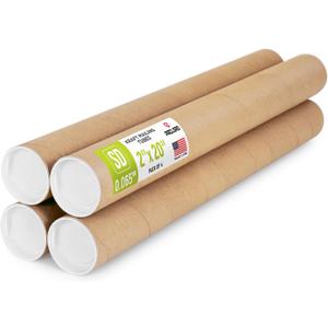 2" x 20" Reinforced Kraft Paper Mailing Tube, Pack of 4 Tubes with 8 Caps – Secure USPS Approved Poster Tube – Made in USA Cardboard Tube for Shipping and Storing Posters, Prints, Artwork