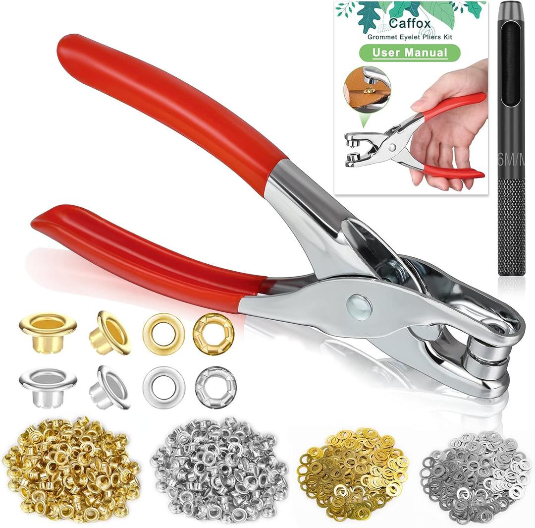 1200PCS Eyelet Grommet Tool Kit, Caffox 1/4 Inch Grommet Eyelet Plier 6mm Metal Eyelets and Washers for Fabric Hole Punch Grommet Pliers for Leather Clothes Belt
