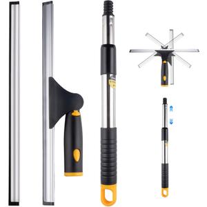 14" Window Cleaning Tool, All-Purpose Extendable Window Squeegee with 2 Blades and Stainless Steel Pole, Shower Squeegee for Glass Doors Bathroom and Car Windshields (Black, 14")