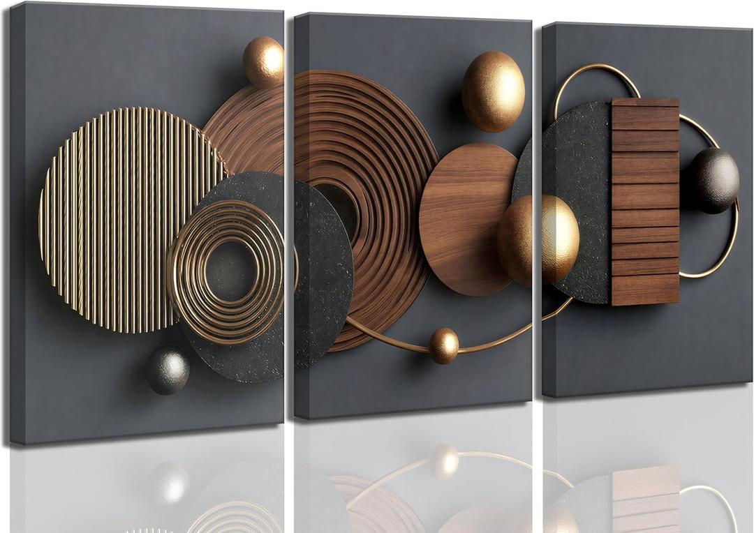 3D Textured 3Pcs Abstract Black Gold Geometric Boho Canvas Wall Art Mid Century Modern Minimalist Aesthetic Luxury Metal Artwork Pictures Wall Decor Posters Prints for Living room Office Home Decoration (12"LX16"W)