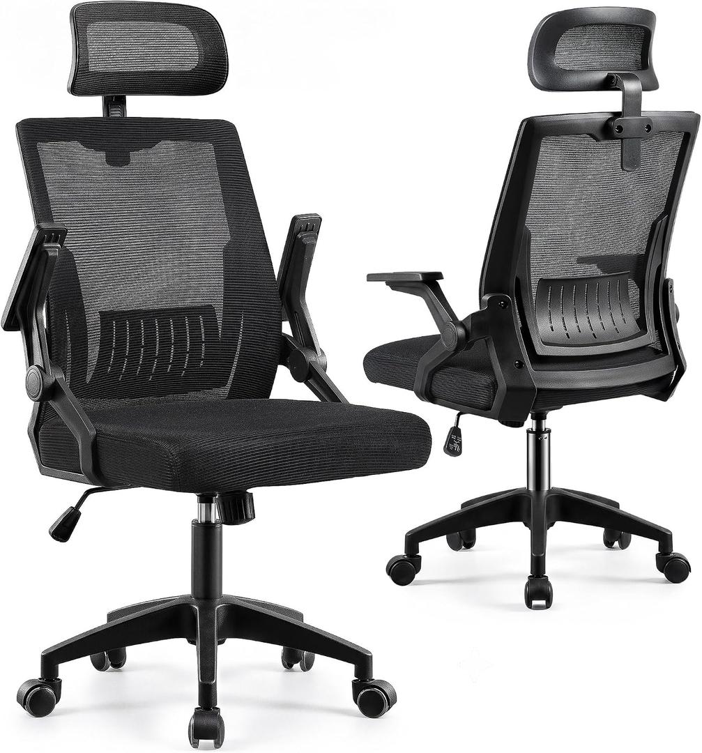 High Back Mesh Office Chair Small Desk Chairs with Flip-up Armrests,Black, Oversized