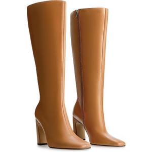 DREAMCIA Knee High Boots Women Chunky Block Heel Square Toe Leather Boots Fashion Tall Dress Boots Long Fall Boot (9.5, Brown)