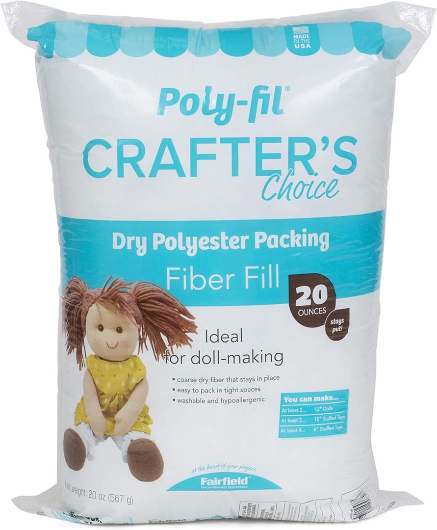 Fairfield Poly-Fil Crafters Choice, Dry Polyester Packing Fiber Fill, Stuffing for Stuffed Animals, Toys, Dolls, and More, Machine-Washable Poly-Fil Fiber Fill, 20-ounce Bag