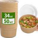 50 Pack 34 oz Paper Bowls with Lids, Disposable Salad Bowls To Go Salad Containers Meal Prep Containers Disposable Soup Bowls with Lids