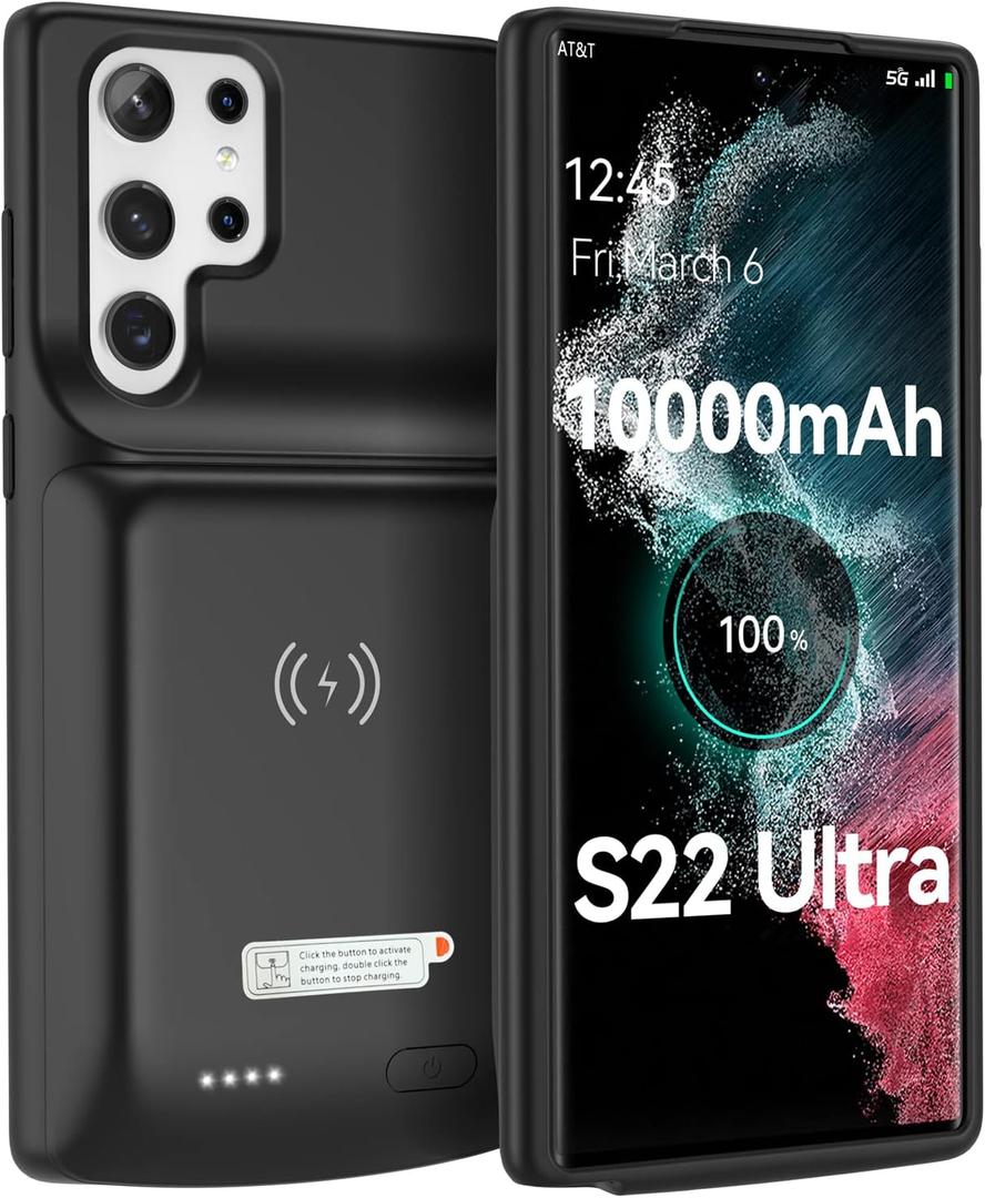 NEWDERY for Galaxy S22 Ultra Battery Case 10000mAh, Qi Wireless Charging & Fast Charging & Transfer Data Supported, Powerful Rechargeable Charger Cover for Samsung S22 Ultra 5G-6.8" Black