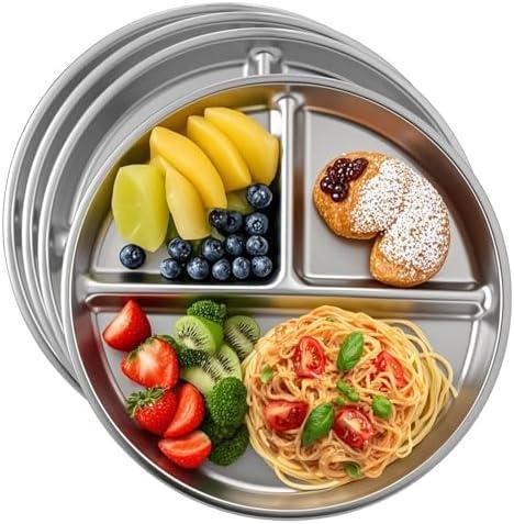 4pcs 304 Stainless Steel Kids Plates, 9"Non-Toxic Circular Portion Control Plate, Suitable For Children To Use, Portion Plates For Weight Loss Adults, Reusable, Non-Toxic, Anti Drop, And Dishwasher Safe