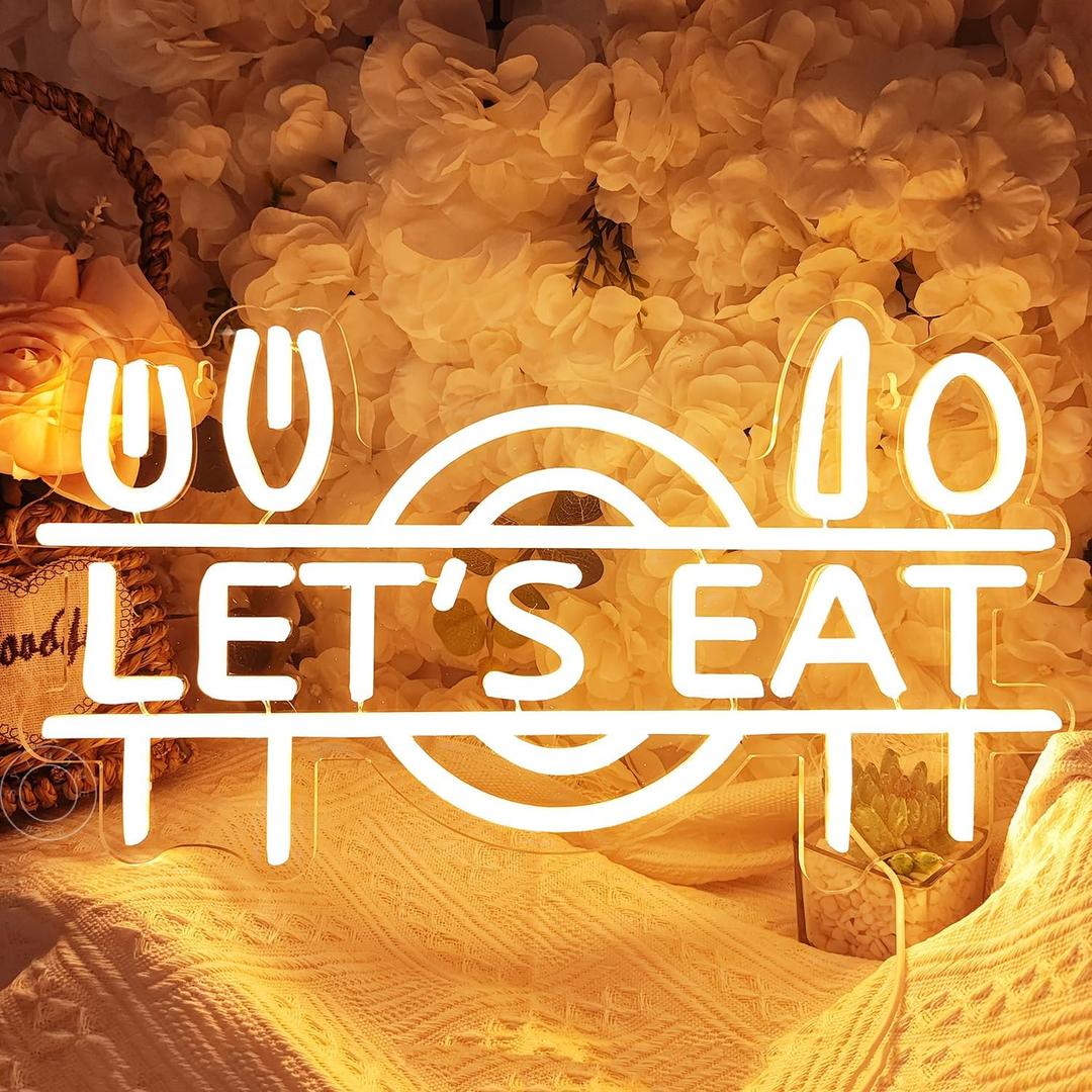 SYLHOME Let's Eat Led Neon Light Sign Fork Knife Spoon Plate Dish Food Restautant Kitchen Luncheonette Hotel Canteen Cooking Dining Room Bistro Party Wall Sign Decor USB 15.8"X8.5"