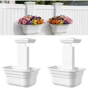 Hanging Planters for Outdoor Plants - Fence Hanging Planters for PVC Fence, Plant Hangers Hanging Plant Flower Pots White with Post Caps for Garden Yard Decor, Easy Install - 2 Pack