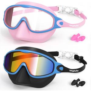 2 Pack Kids Swim Goggles with Nose Cover, Anti-Fog UV Protection Swimming Goggles for Kids Youth 3-15 (Black Blue& Pink Blue)