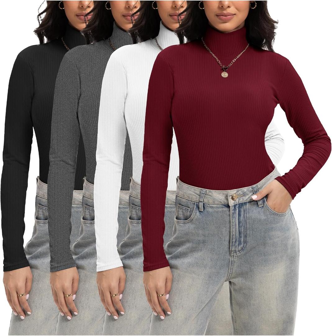 Siimcuzy 1/4 Pack Women's Ribbed Turtleneck Long Sleeve Shirts Basic Tops Fitted Stretch Sweater (XX-Large, 1 Black 1 Heather Grey 1 White 1 Wine Red)