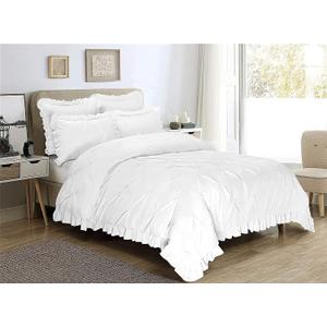 Linen Drip 3 PC Pinch Pleated Corners Ruffle Frilled Comforter Set (1 Comforter + 2 Ruffle PillowShams) with 4 Corner Tabs 100% Cotton 500 GSM Fill Power Super King (98x108) White Quilted Set