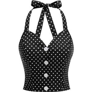 Vintage Tops for Women 1950s Polka Dot 50s Pin up Rockabilly Top Halter V Neck Pinup Retro Tops 50's Vintage Blouses Tank Top (Black, S)