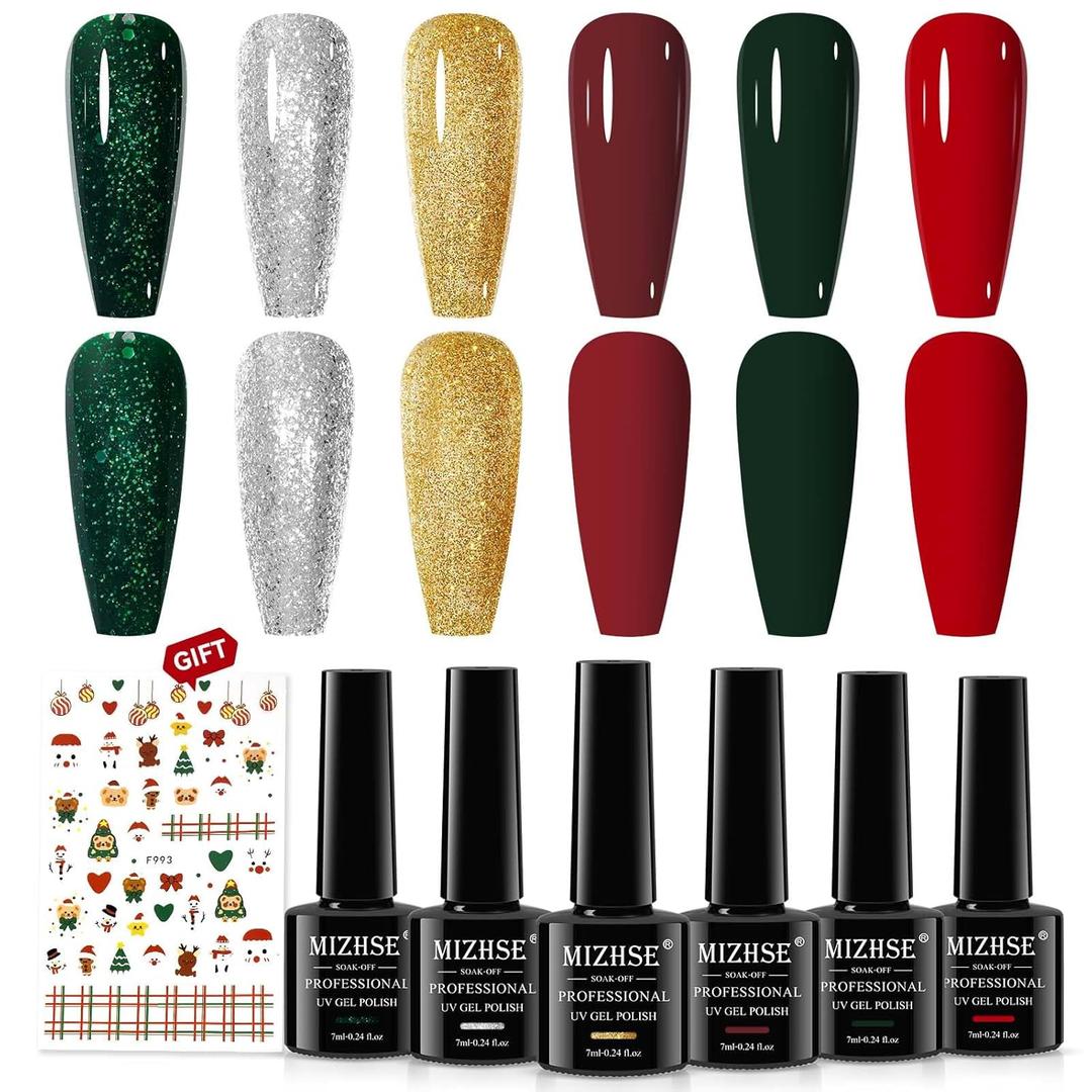 MIZHSE Christmas Gel Nail Polish Set, 6 Colors Sparkle Green Glitter Gold Silver Gel Polish Dark Green Dark Red Gel Polish Kits Soak Off Nail Art Manicure Home New Year Day Gifts for Ladies