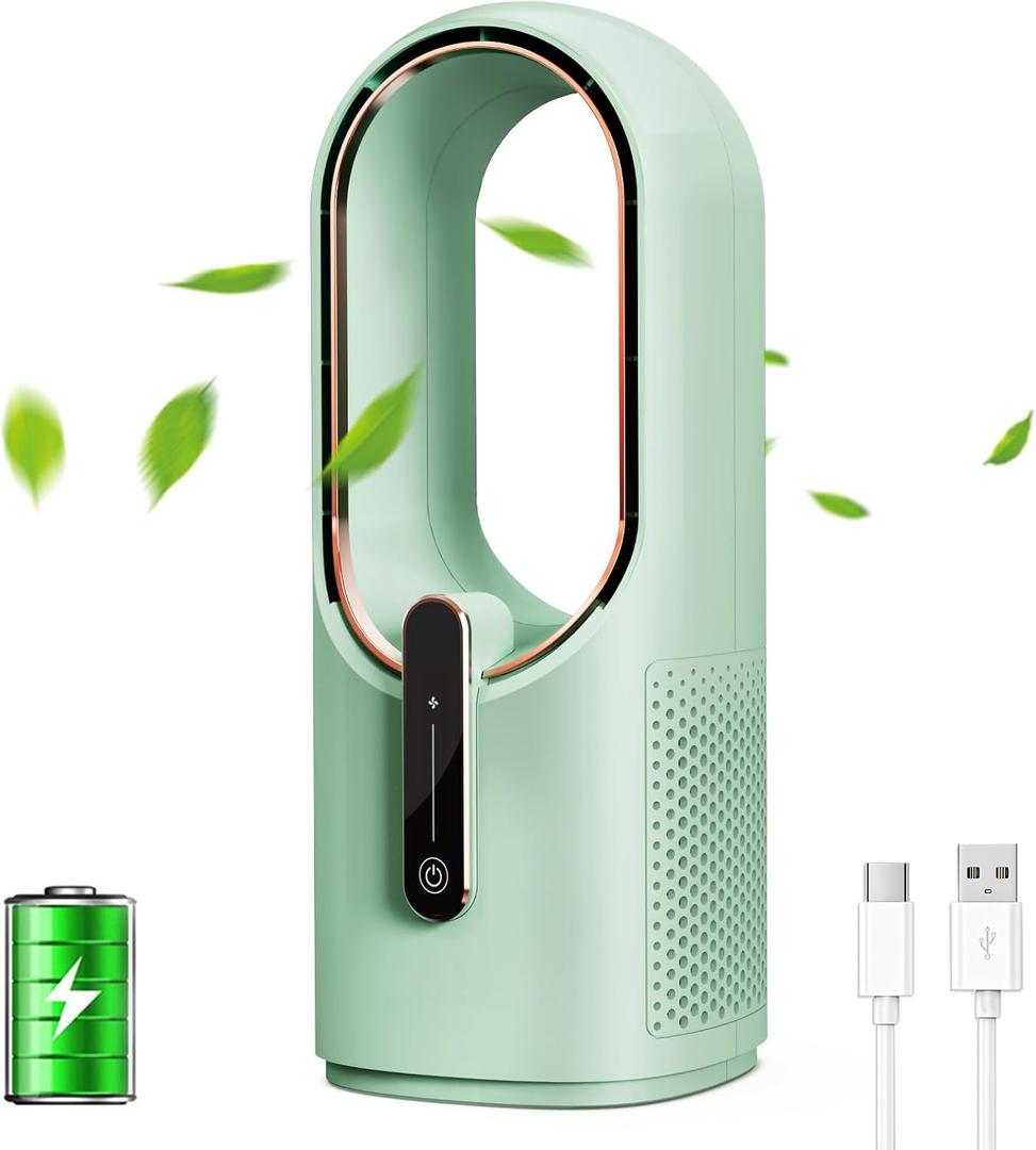 Desk Fan Portable, Battery Operated,Quiet Desktop Fan Bladeless with 3 Cooling Speeds, 11.8 Inch Touch Control Personal Fan for Bedroom, Office, Home, Outdoor (Green)