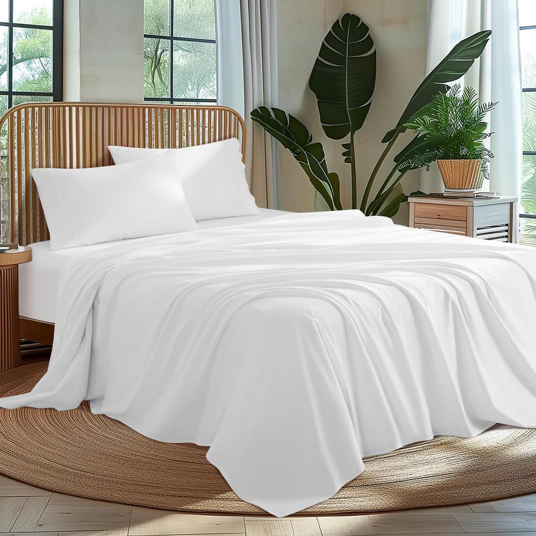 100% Cotton Queen Size Sheets Set - Luxury 1000 High Thread Count Egyptian Cotton Bed Sheets 4 PC, Breathable & Cooling Sheets, 16" Deep Pocket(White,Queen)