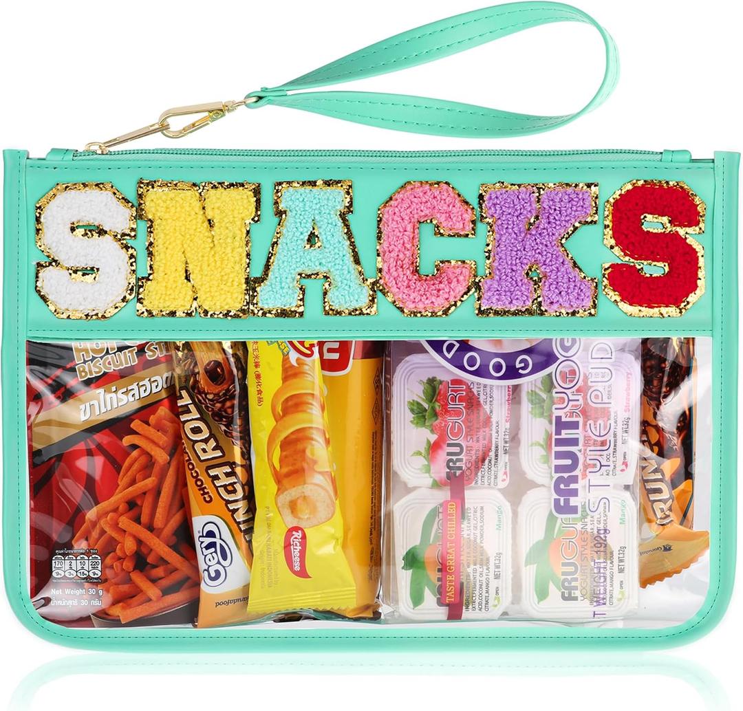 Snack Bag for Travel - Clear Chenille Varsity Letter Flat Pouch with Zipper, 12.28.46 inch Waterproof Clear Nylon Preppy Patch Makeup Cosmetic tote Bags for Women Girls