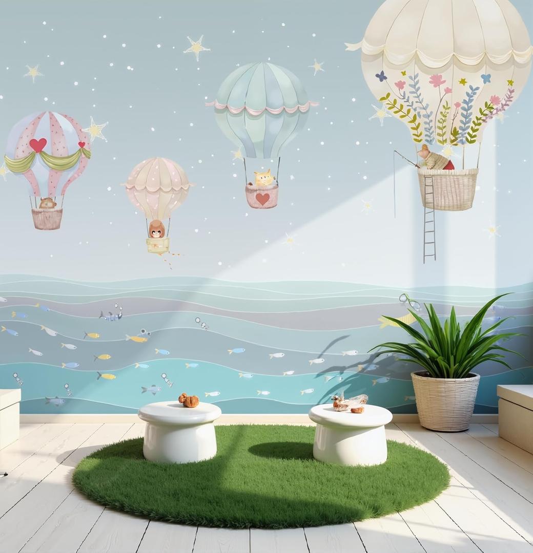 ASJ Kids Nursery Peel and Stick Wallpaper Mural, Hot Air Balloon Bear Blue