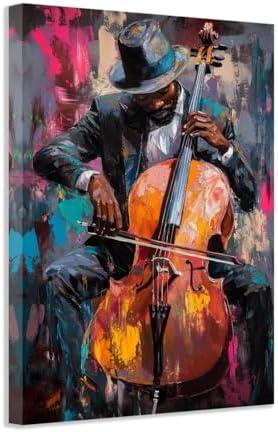 SWQYLB Black Music Wall Art Abstract Jazz Wall Decor African American Painting Canvas Musical Instruments Pictures Classroom Music Men Room Decor Framed (Black, (24.00" x 36.00"))