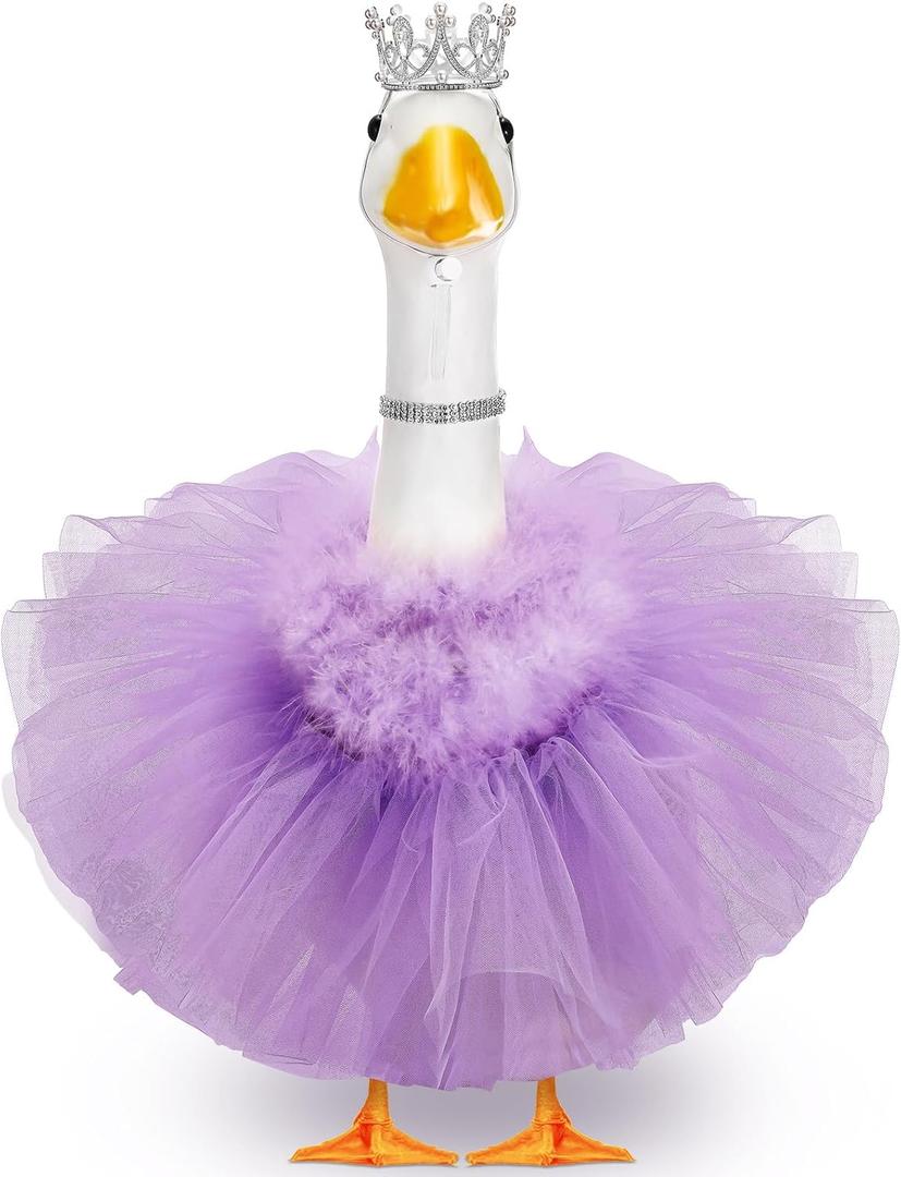 4 Pcs Princess Porch Goose Outfit for 23" 17" Cement Lawn Goose Costume Crown Necklace Tutu Skirt Feather Trim for Princess Outdoor Garden Lawn Art Decor(Purple)