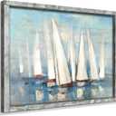 Coastal Framed Painting Wall Art: Abstract Ocean Artwork Seascape Picture Sailboat Prints on Wood in Modern Style for Bedroom 32"x24"