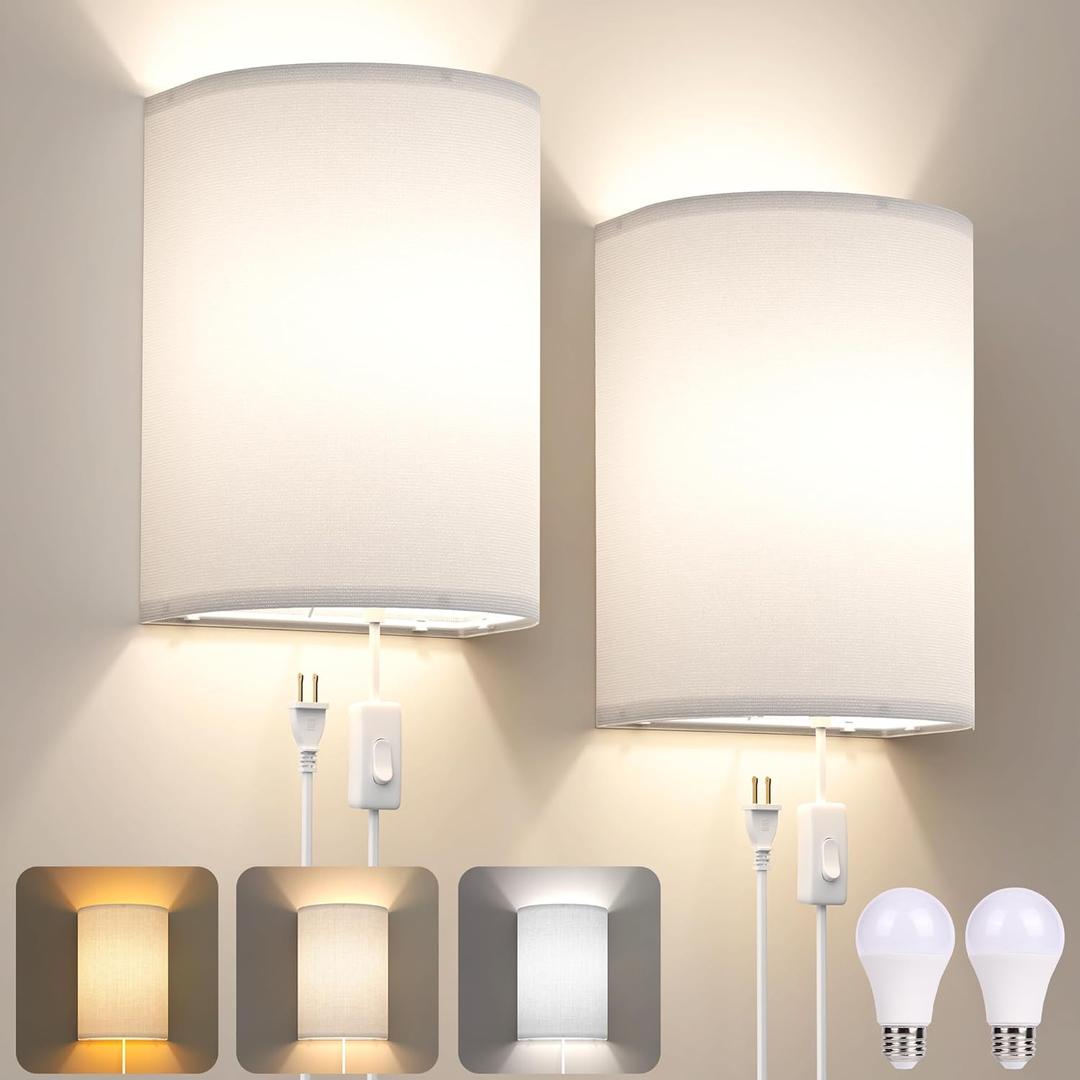 Plug in Wall Sconces Set of Two: Wall Lights with On/Off Switch - Stepless Color Temperature Wall Mount Lamps - Fabric Linen Wall Sconce for Bedroom Living Room & Hallway- Indoor Corded Wall Sconces (White)