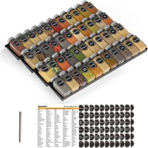 SpaceAid Spice Drawer Organizer with 44 Spice Jars, 386 Spice Labels, 4 Tier Seasoning Rack Tray Insert for Kitchen Drawers, 20.25" Wide x 17.5" Deep