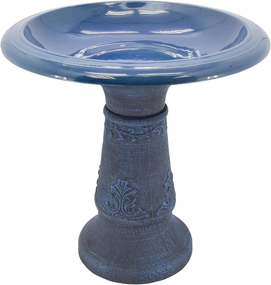 Arcadia Garden Products Fiberclay Bird Bath Outdoor Garden Decor, Antique Vintage Weather Resistant Water Bowl for Backyard and Patio and, 20-inch Tall, Blue