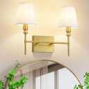 Bathroom Light Fixtures Over Mirror,Brush Brass Vintage Wall Sconces, 2-Light Bathroom Vanity Light With Flared White Fabric Lampshade For Bedroom,Living Room,Hallway,Foyer,Hardwired, E12 Base