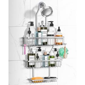 Shower Caddy Hanging - Never Rust Shower Hanging Organizer - Aluminum Over the ShowerHead Caddy with Soap Basket and 6 Hooks for Razor/Sponge (Silver)